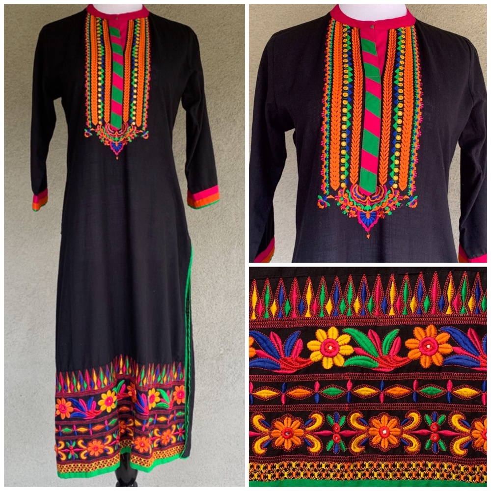 Indian Kurta Caftan Black Colorful Embroidery